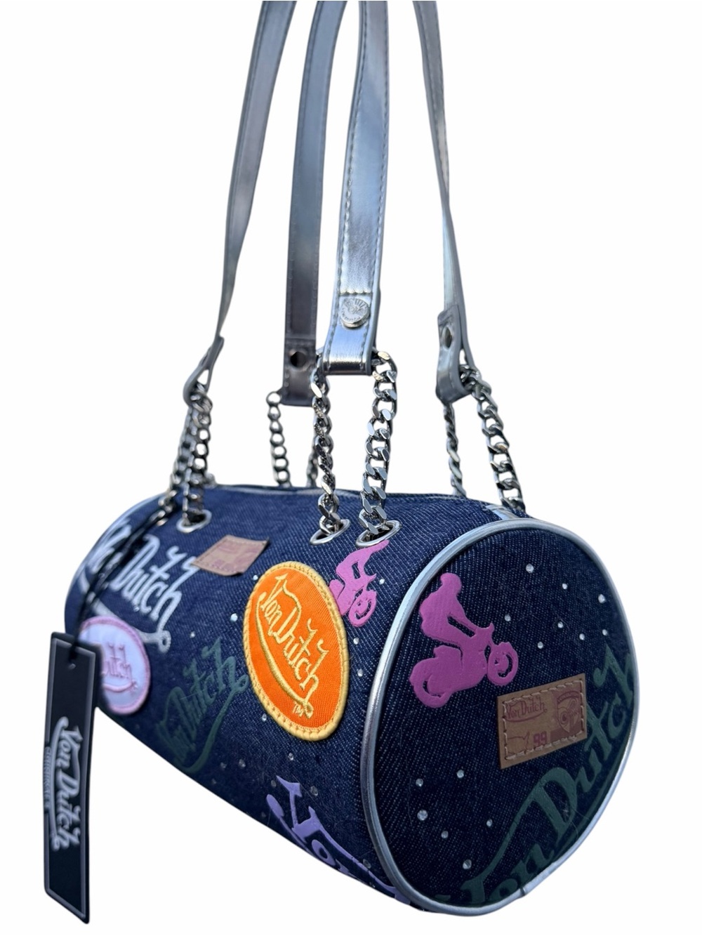 Von Dutch y2k Denim & Rhinestone Barrel Bag - Picture 3 of 6